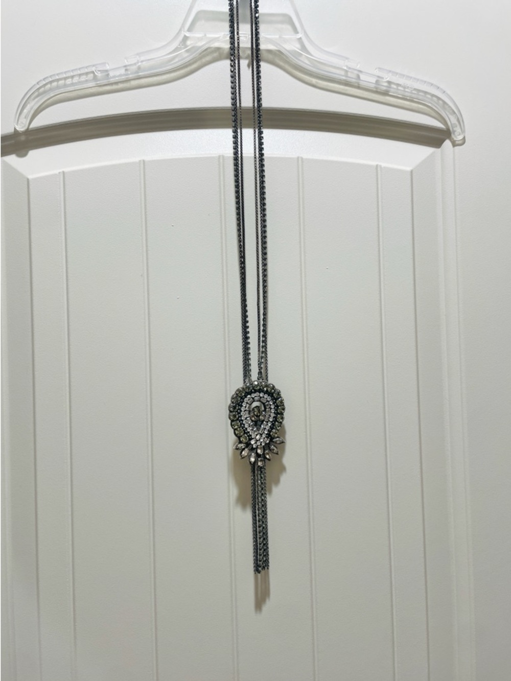 Stella & Dot Gunmetal and Clear Crystal Tassel Pendant Necklace